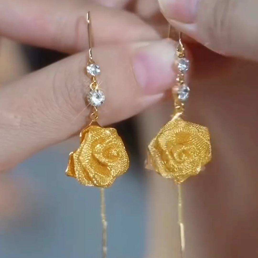 铜合金耳饰 新款金色玫瑰花流苏耳线三生三世长款镂空花朵耳坠