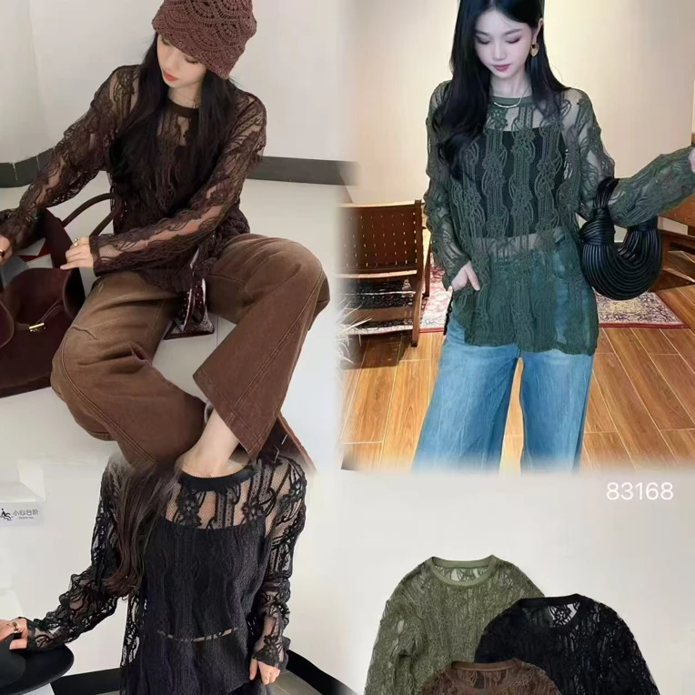 南油欧货2025秋季新款韩系复古风性感微透针织衫宽松上衣女83168
