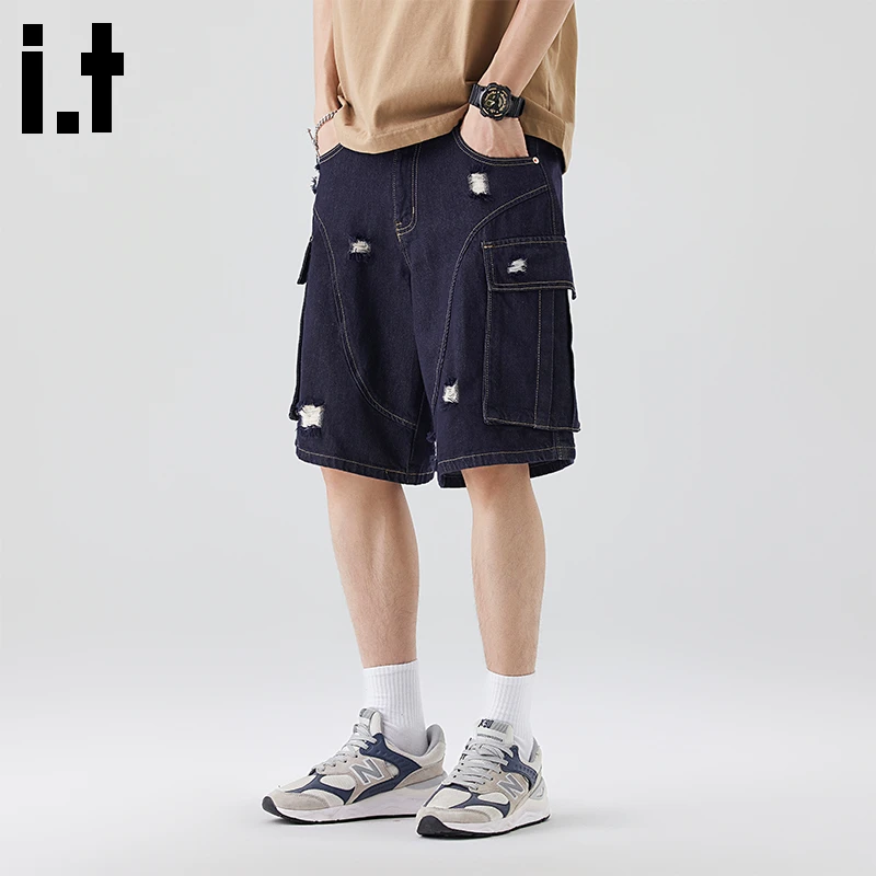 i.tCHOCOOLATE破洞牛仔短裤男2025夏季新款潮牌直筒宽松五分裤子