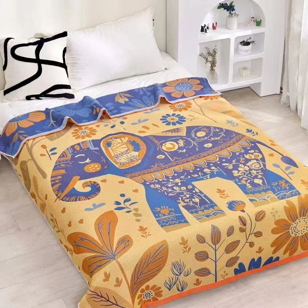 黄底福象盖毯家居舒适亲肤休闲毯多功能细纱四层精梳