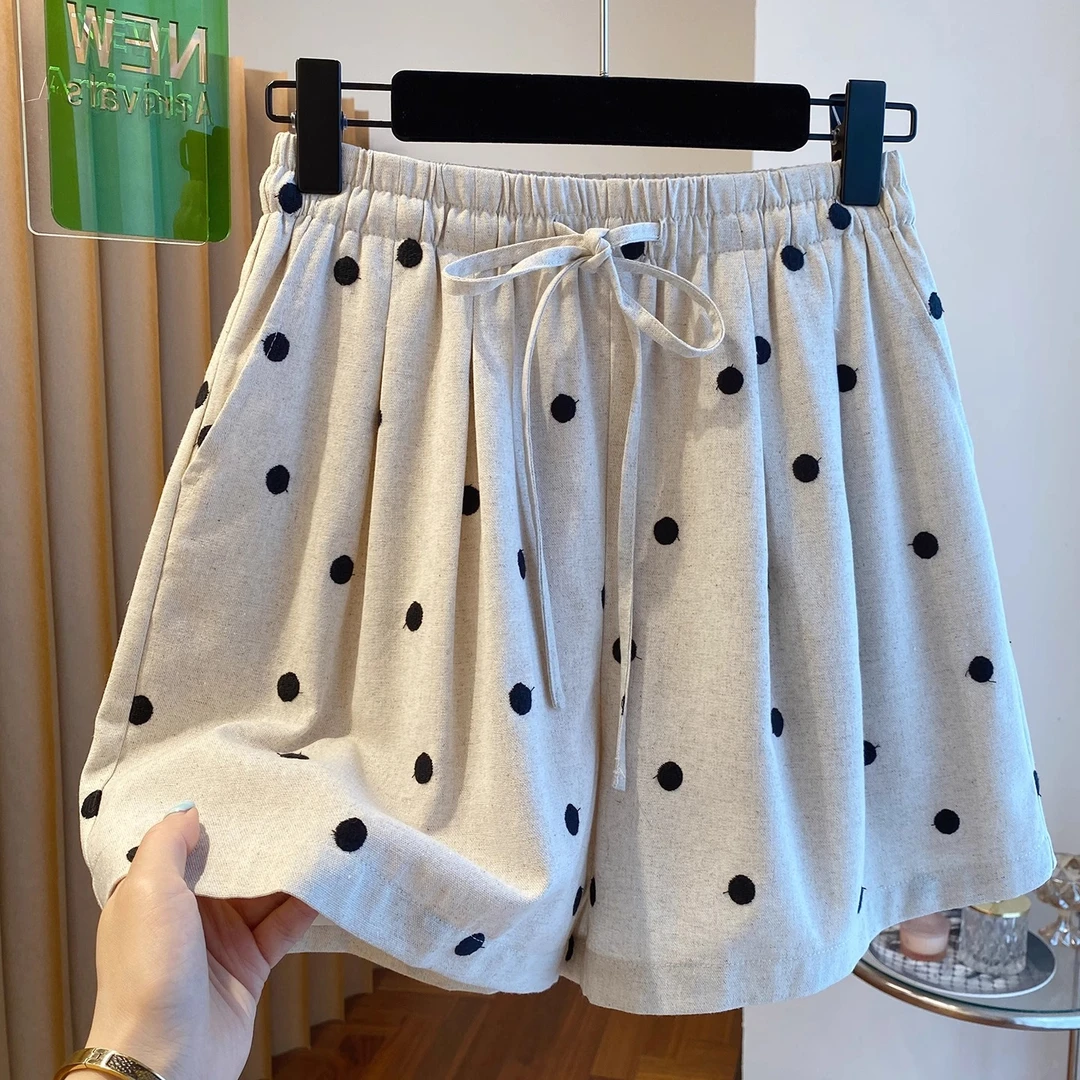 超大码300斤欧货亚麻波点阔腿短裤男女夏季薄款宽松百搭a字版热裤