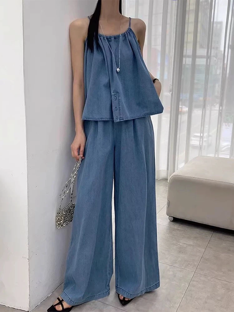 2642#夏日绝美穿搭时髦牛仔套装女吊带上衣阔腿长裤洋气两件套