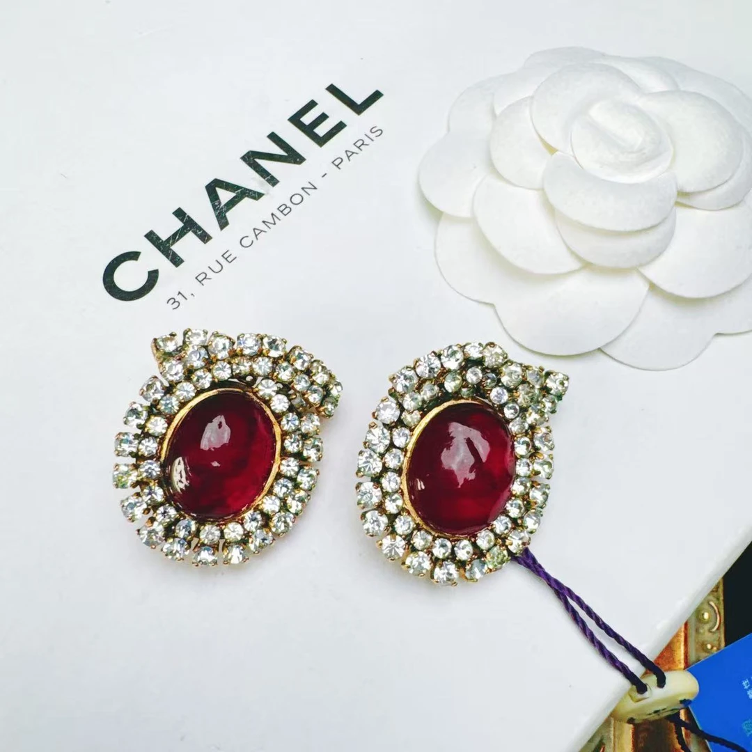 95新 Chanel/香奈儿 柚礼中古/香奈儿红琉璃莱茵石耳夹lz510117