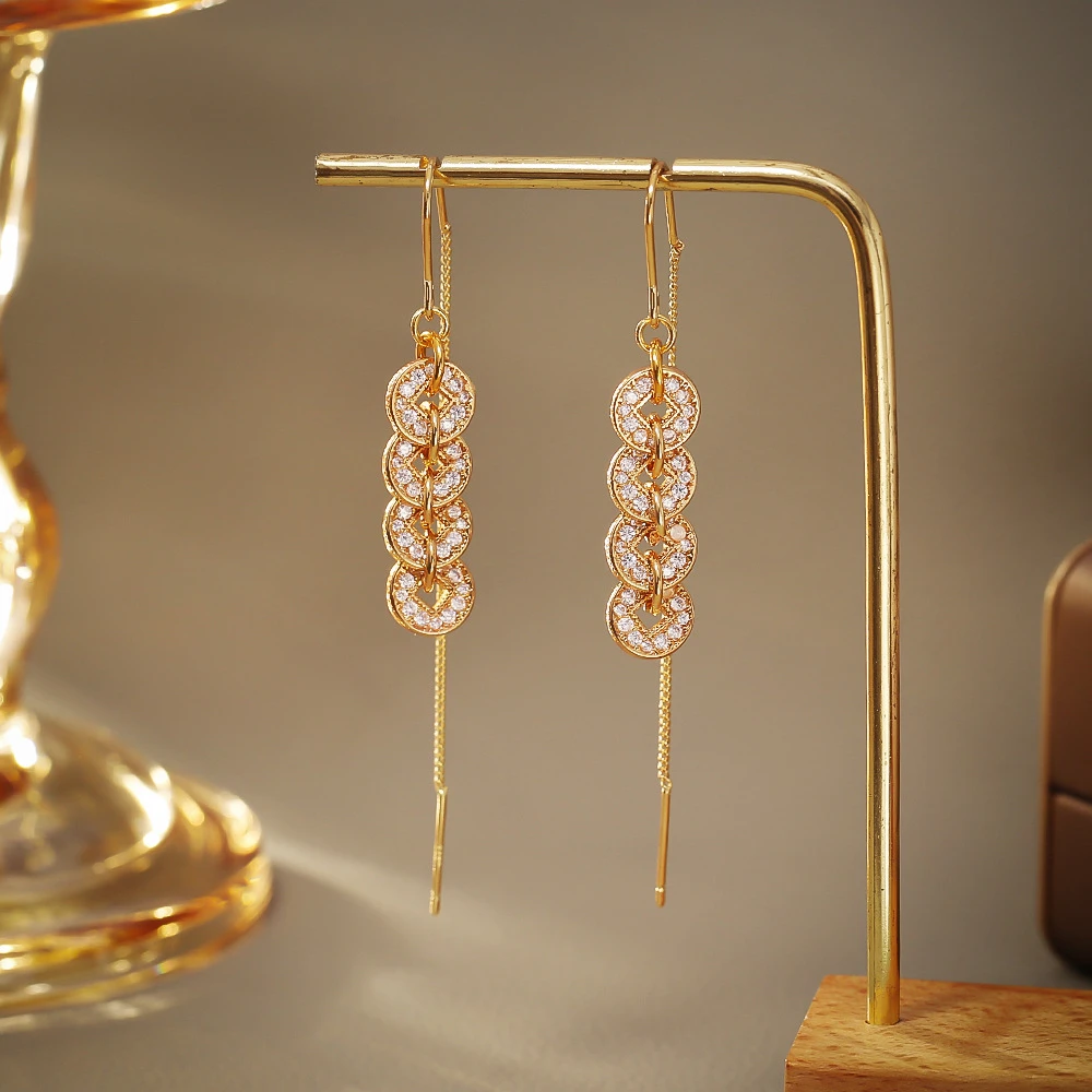 铜合金耳饰 新中式五帝钱耳线高级感长款流苏耳坠轻奢气质时尚个