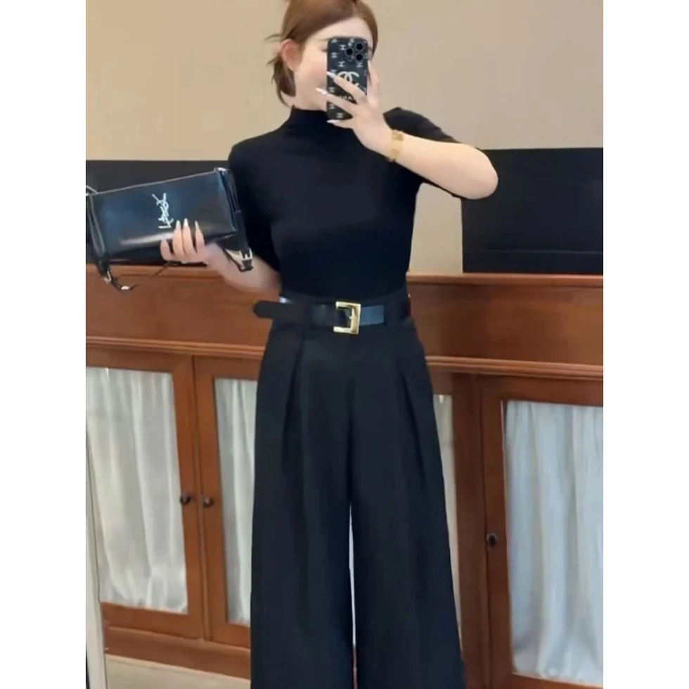 休闲裤时尚阔腿裤+显瘦小衫套装休闲黑色高腰两件套