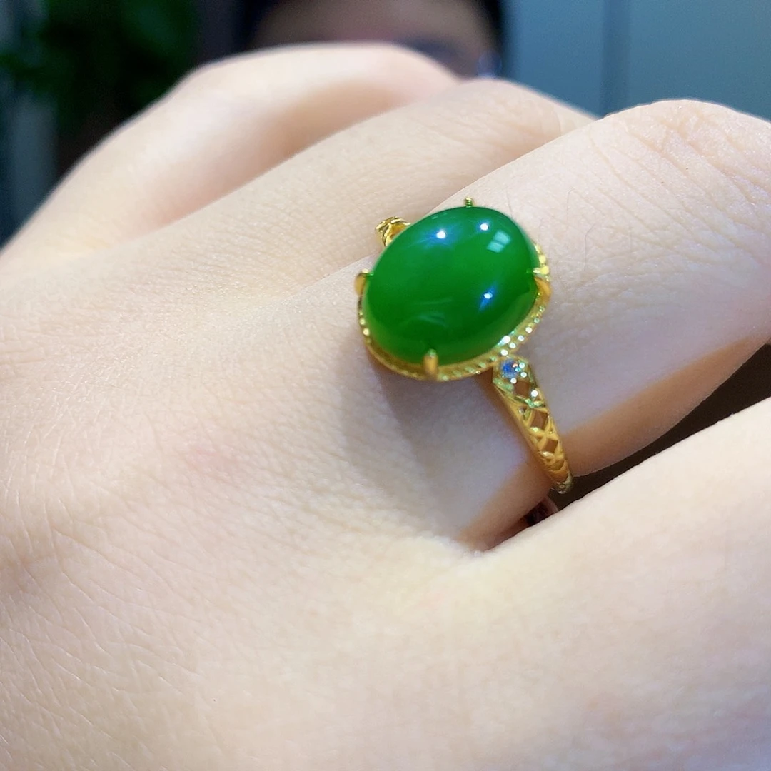 和田玉（碧玉）戒指银S925镀金镶嵌