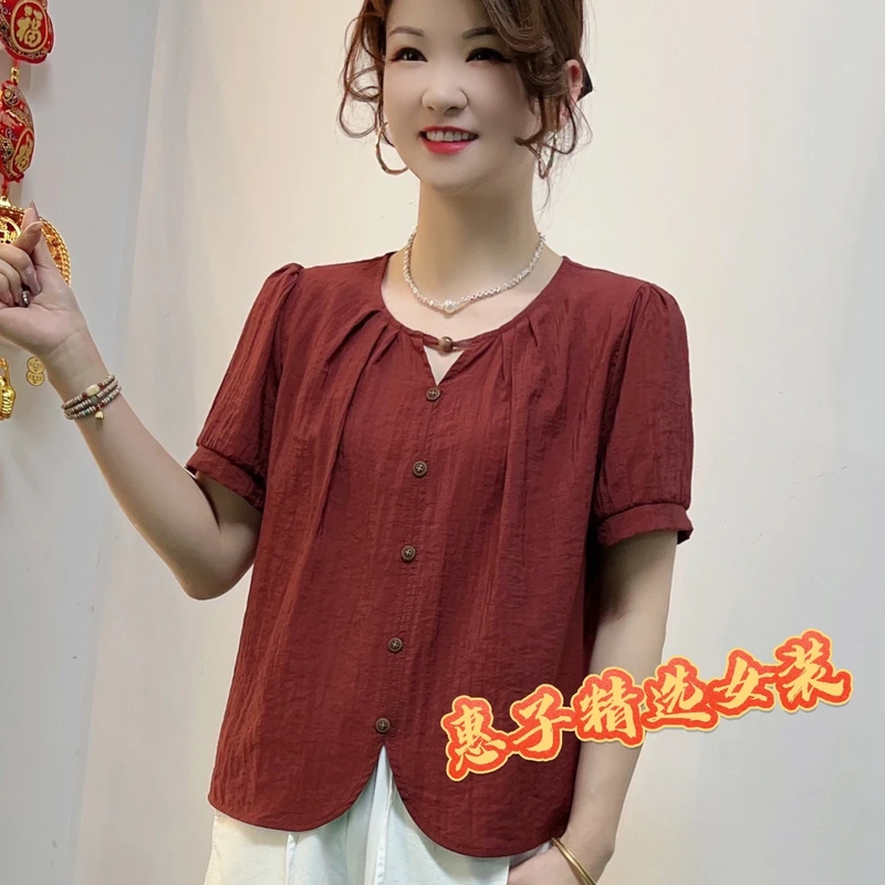 2025夏季新款法式小众圆领短袖上衣气质显瘦减龄休闲百搭女士上衣