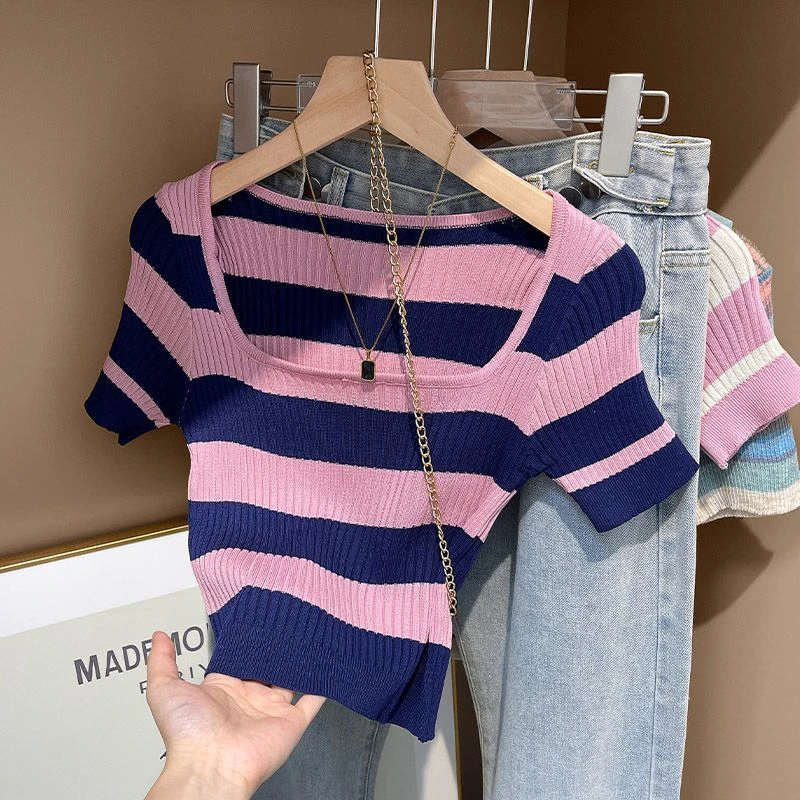 撞色方领冰丝短袖针织衫女2025修身显瘦气质甜辣短款上衣023