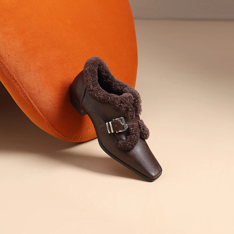 AMEINOR2024新款冬季加绒皮带扣方头皮鞋女舒适低跟真皮深口单鞋