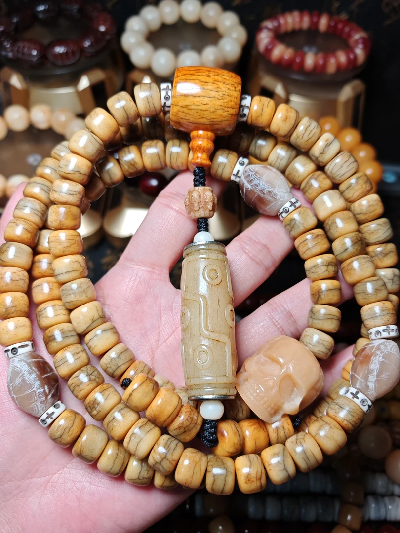 原生态天然牦牛骨12尺寸桶珠藏传108骨珠吊坠脖挂