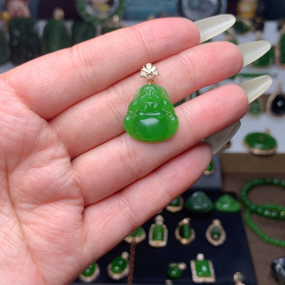 和田玉（碧玉）吊坠18K金镶嵌