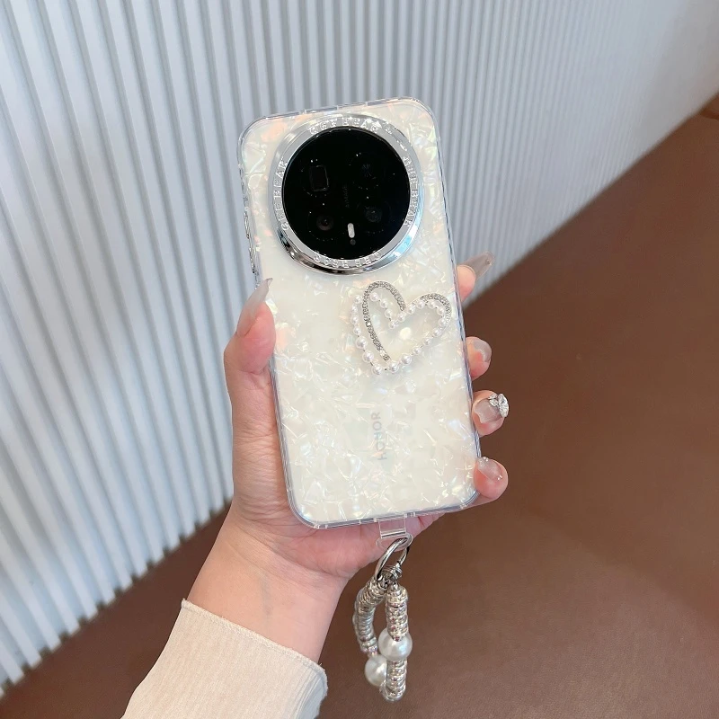 适用荣耀magic8手机壳新款贝壳纹立体爱心magic8pro透明防摔女款