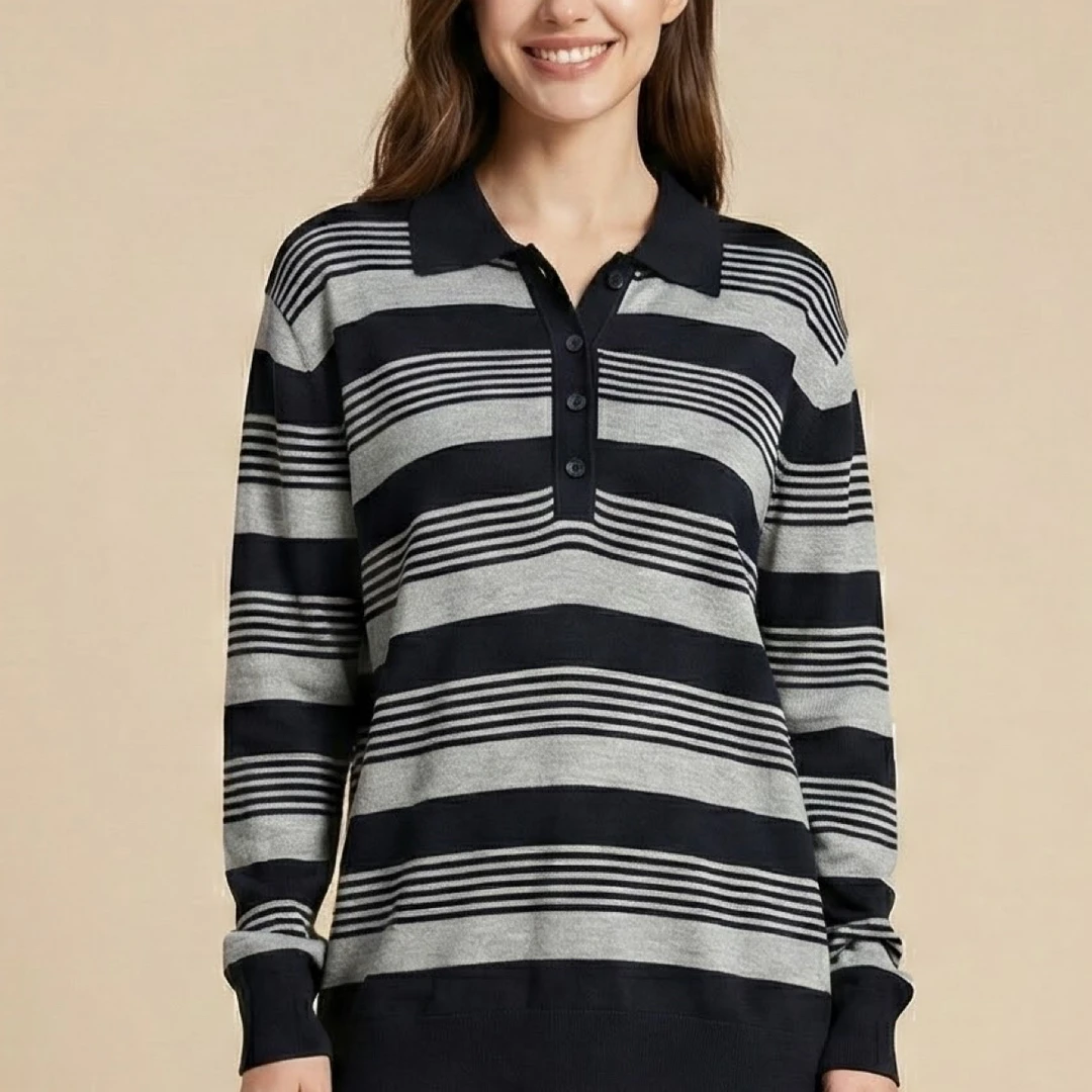 孤品针织衫-衬衫领横条纹针织衫上衣7721