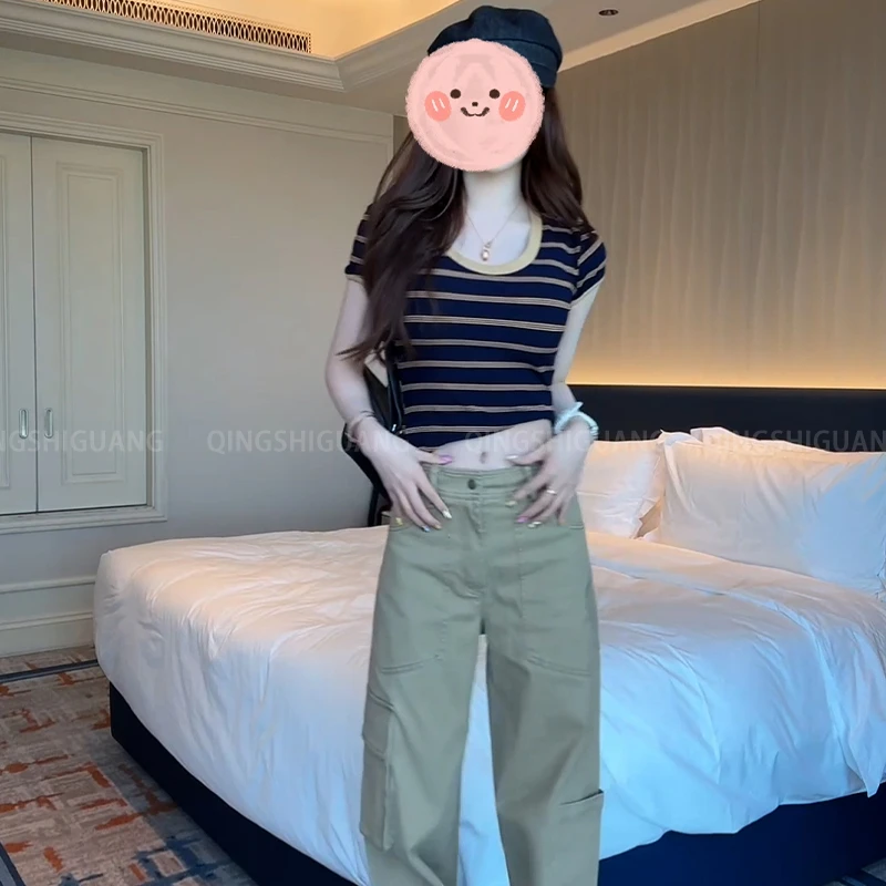 条纹u领正肩短袖T恤女夏季新款2025流行爆款设计感阔腿裤气质套装