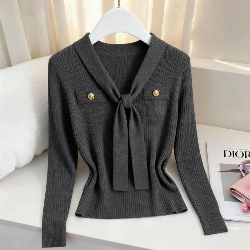 冬季新款v领长袖针织衫毛衣女气质轻熟风女装设计感洋气减龄上衣