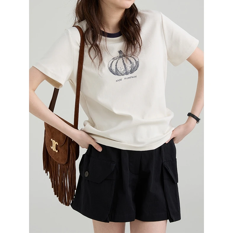 2025白色南瓜印花撞色圆领正肩T恤百搭休闲减龄短袖爆款上衣女