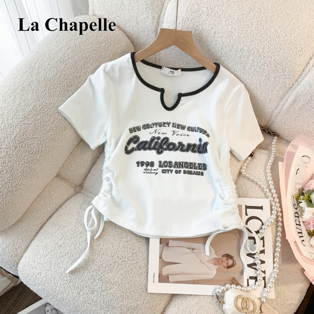 拉夏贝尔美式辣妹短袖T恤女V领洋气抽绳设计修身字母印花短款上衣