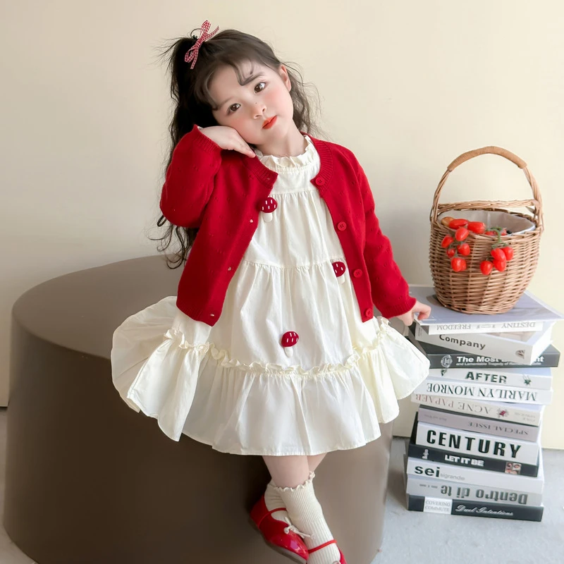 女童红色毛衣开衫套装女宝宝棉布连衣裙两件套