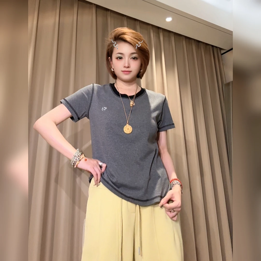 277精致百搭款撞色明显正肩显瘦短袖T恤