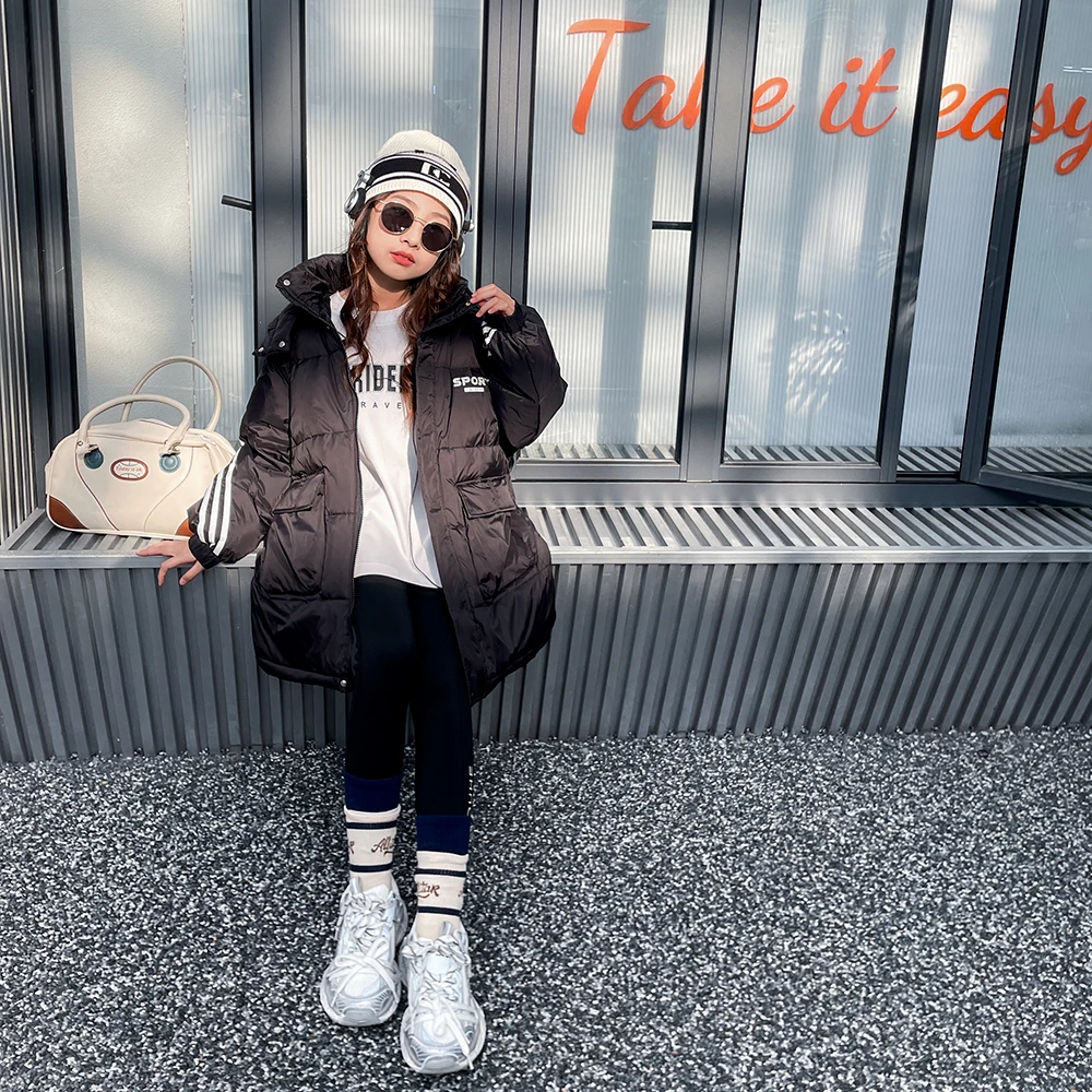 冬季新款女童棉服休闲洋气保暖中长款连帽童装外套zb2121简约童品