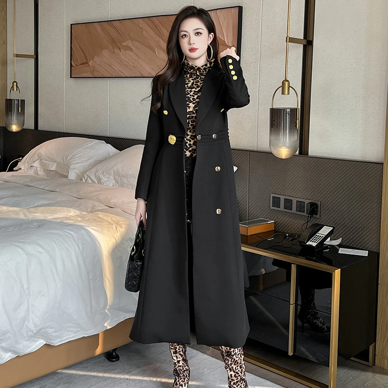 气质法式赫本风时尚过膝洋气风衣外套长款设计感西装大衣61119