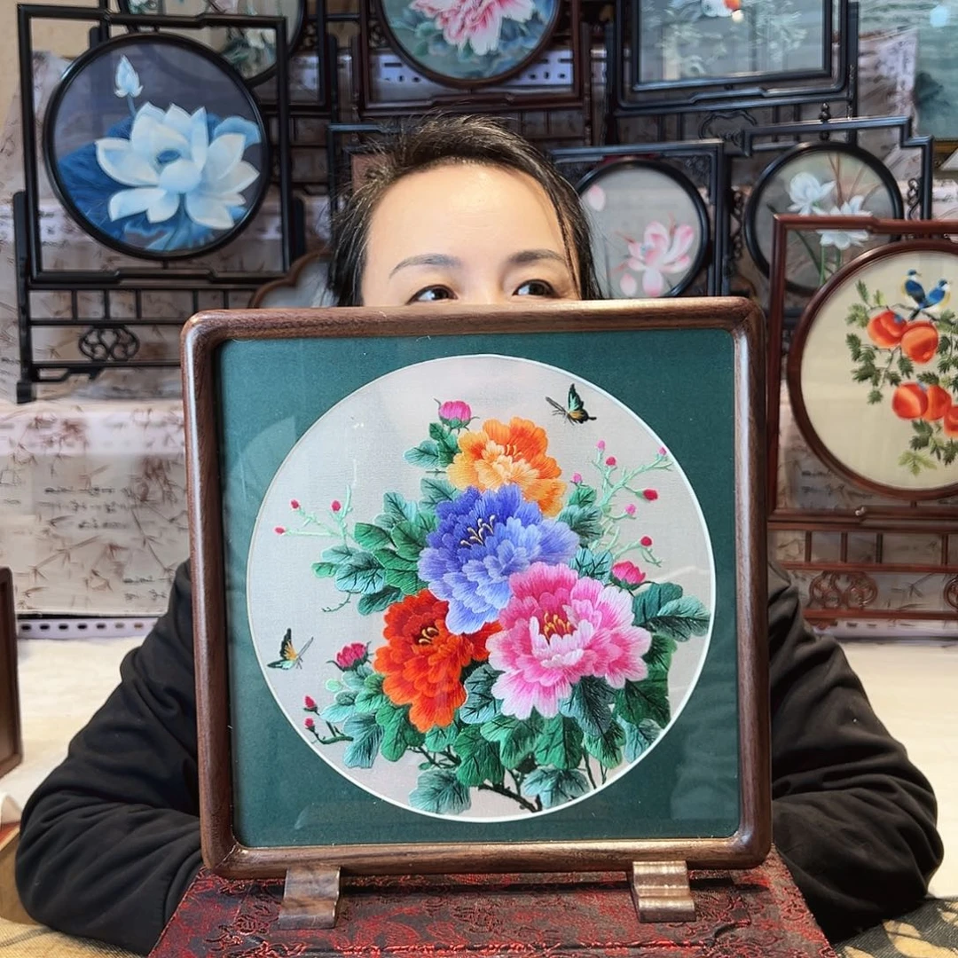 刺绣苏绣摆台胡桃木手工双面磁吸