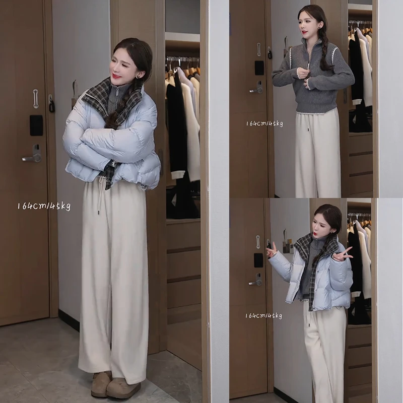 2025秋冬套装女减龄洋气蓝色格纹棉服针织立领海岸线内搭毛衣裤子