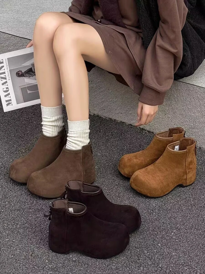 177-6秋冬缝制低跟内增高复古港风短靴舒适百搭加绒女士