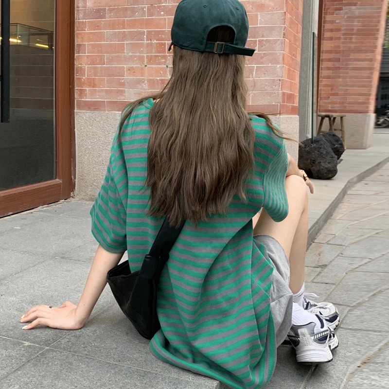 下身失踪绿色条纹T恤女2025新款中长款显瘦宽松大码短袖潮大码