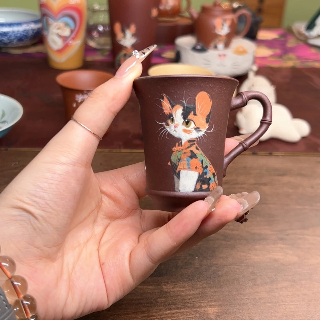 紫砂茶杯竹节三花猫咪把杯 70ml