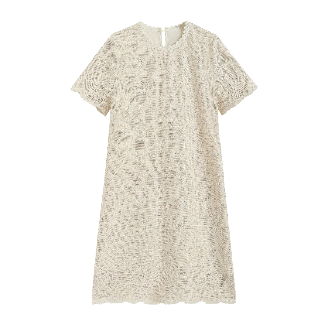 【南油虹姐】夏季新款腰果花蕾丝短袖复古气质显瘦连衣裙