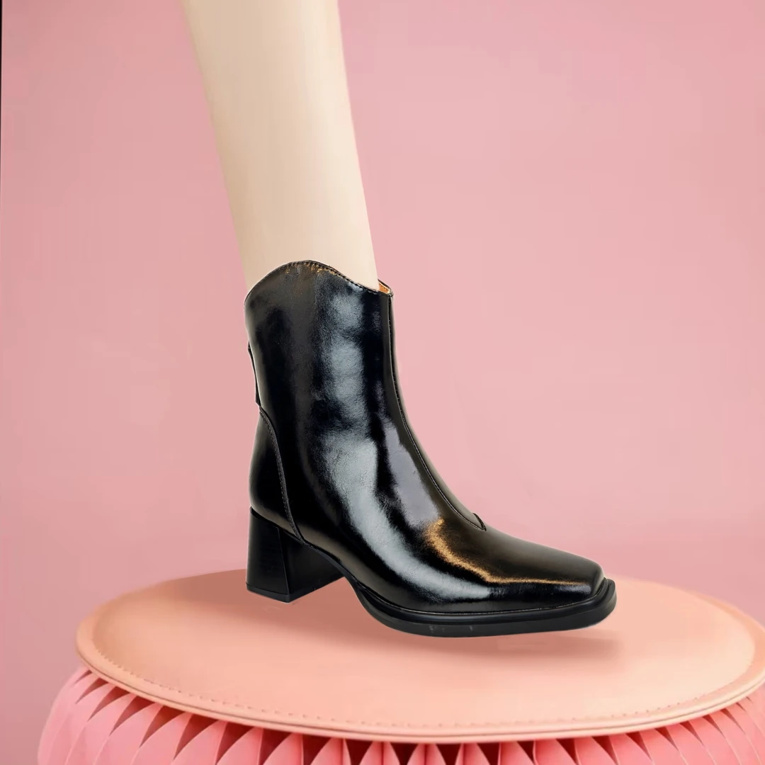 纯色冬季极简风高跟短靴牛皮气质真皮加绒时尚百搭HY2101