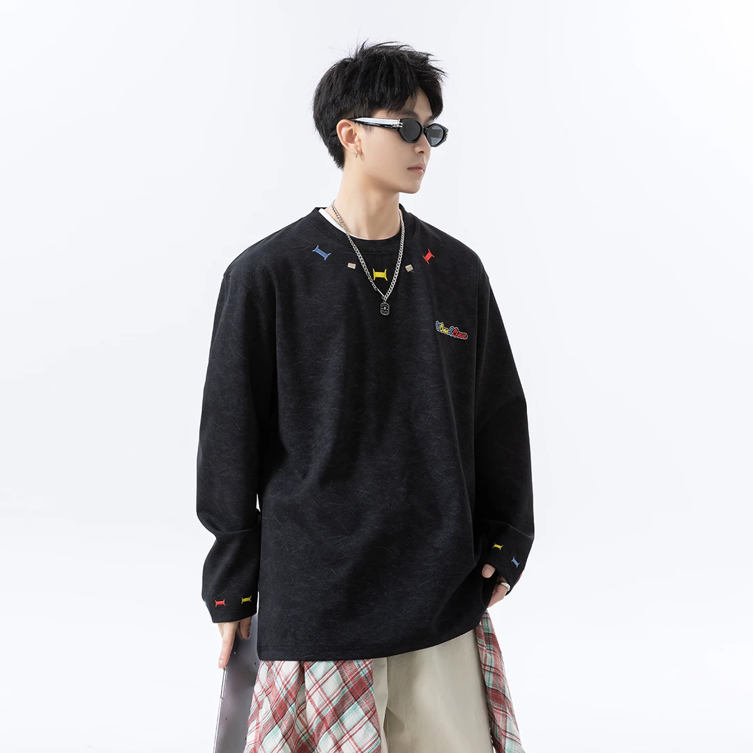 彩色万针刺绣卫衣男款秋季小众设计感情侣短袖美式高街正肩上衣