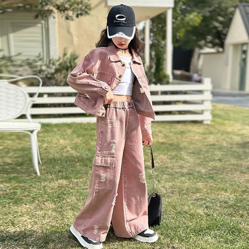 女大童春秋装牛仔套装2025新款儿童洋气炸街韩版工装阔腿裤两件套