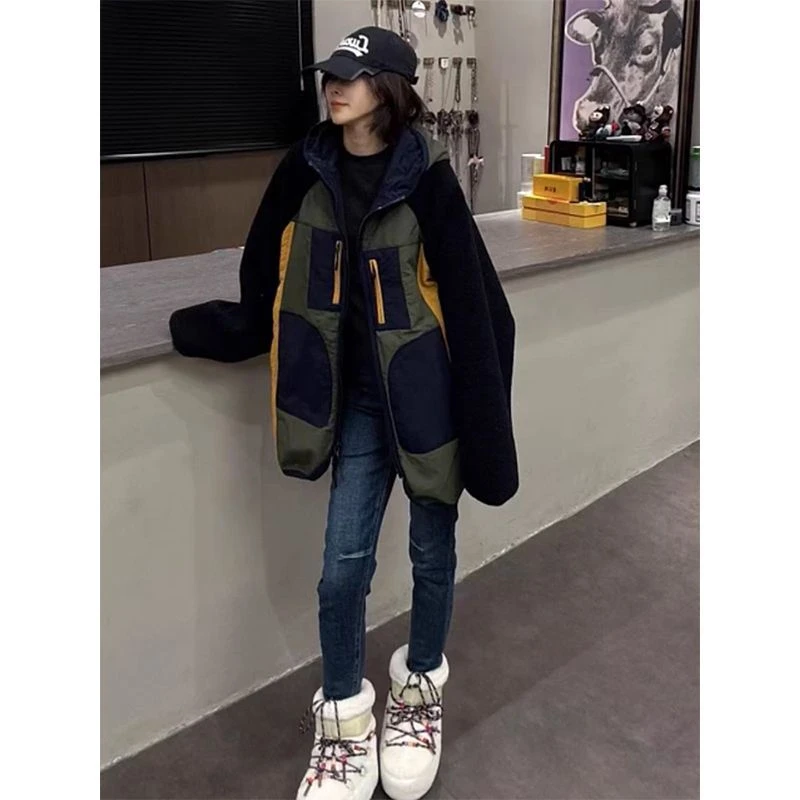 韩版百搭宽松连帽拼色外套潮2025冬季新款时尚中长款拉链上衣女
