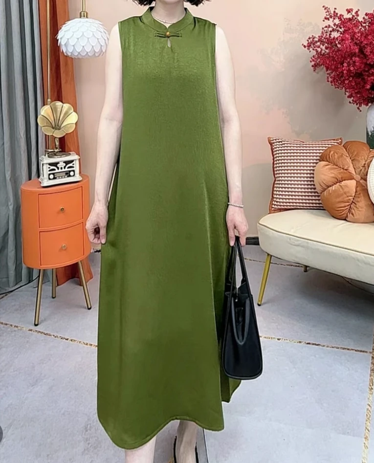 1201-18春夏新款中年妈妈装旗袍领盘扣气质长款无袖背心连衣裙女
