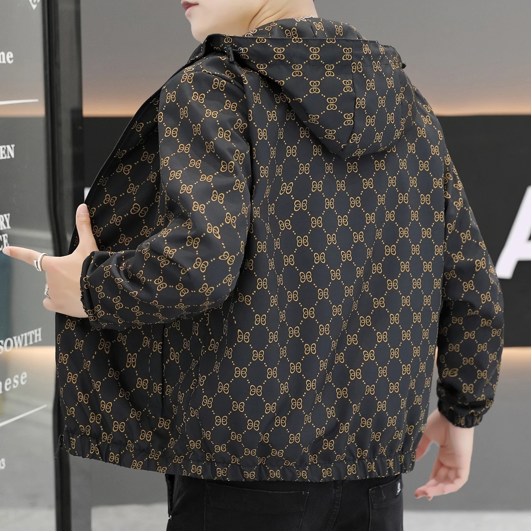 男士爆款印花外套男装连帽休闲修身百搭运动欧版潮流帅气夹克上衣