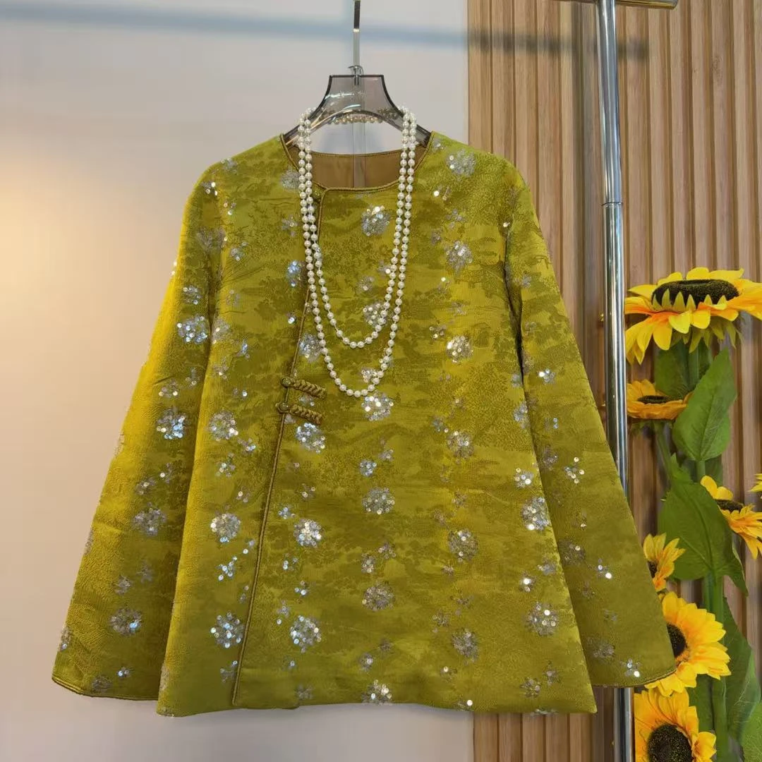 2025早春新中式国风新款复古亮片刺绣长袖宽松外套百搭大码女装