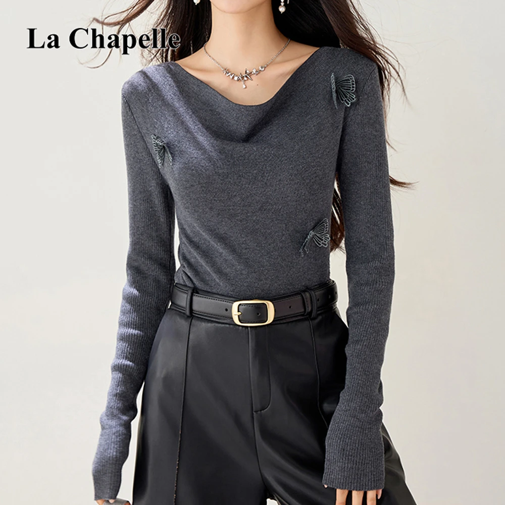 拉夏贝尔2025秋季时尚纯色荡领蝴蝶套头显瘦百搭长袖针织衫上衣女