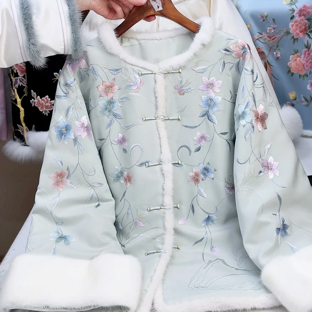 织绣真丝天青色 铁线莲 棉服