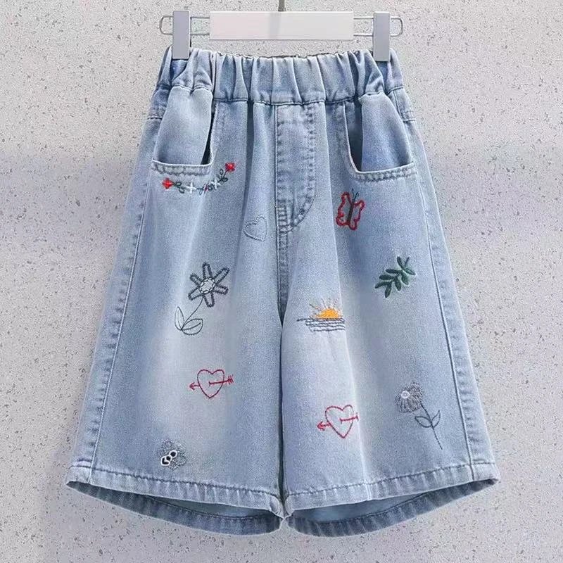 夏装休闲阔腿中裤牛仔裤夏季童装短裤女绣花薄款中大童
