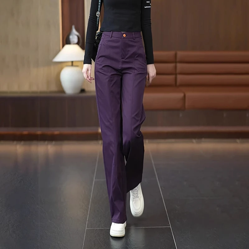 拉夏贝尔紫色气质休闲阔腿裤女春秋2025新款轻熟风显瘦百搭直筒裤