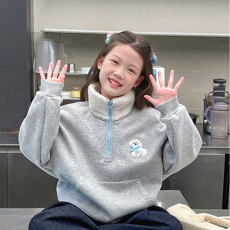 一体绒加厚女童高领宽松卫衣儿童洋气潮搭上衣大童2025冬装新款