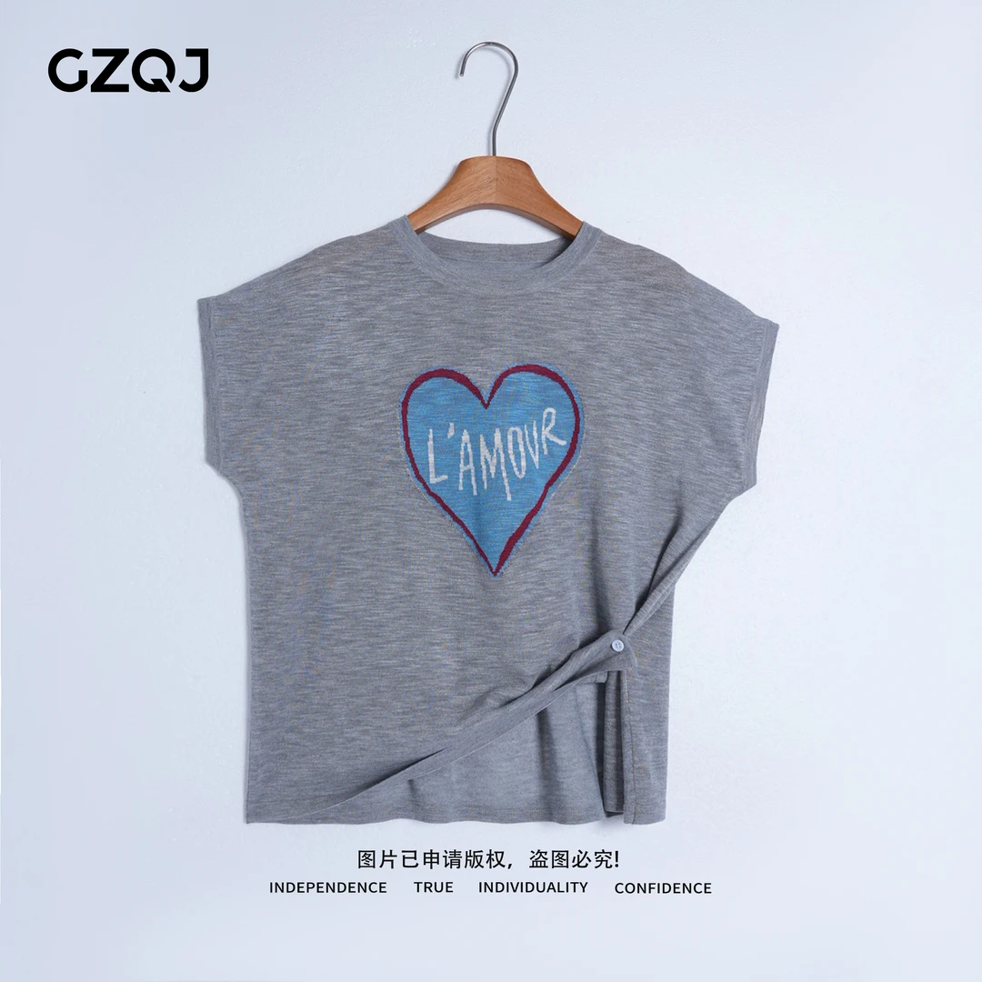 老琴私服【爱语柔心】欧若风小众设计斜扣短袖针织衫女薄款夏季3331