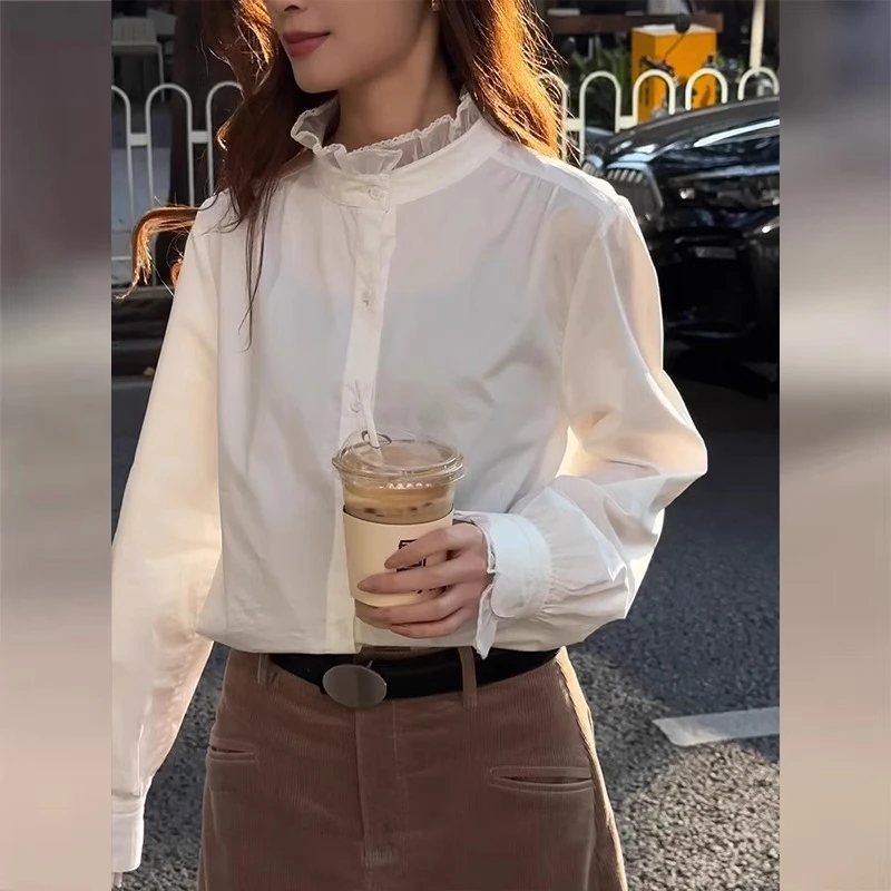 白色蕾丝拼接长袖衬衫女2025新款春季今年流行爆款高级感内搭上衣