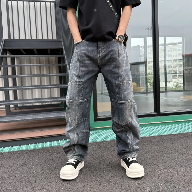 拼接男士直筒裤宽松休闲裤秋冬日系哈伦裤男士拼接直筒新款牛仔裤