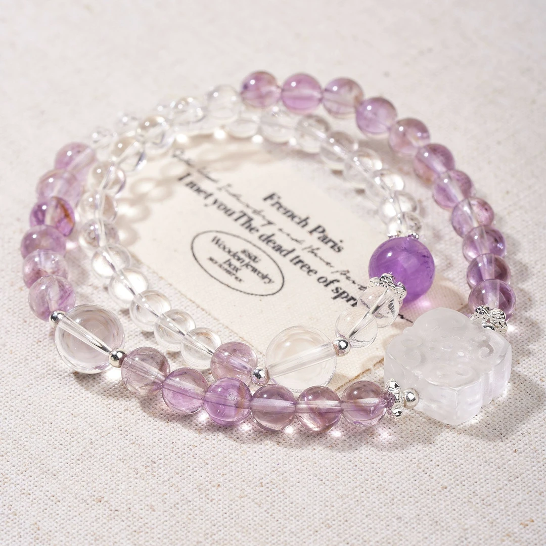【暮河星漪】巴西紫水晶设计双圈手串搭配白水祥云