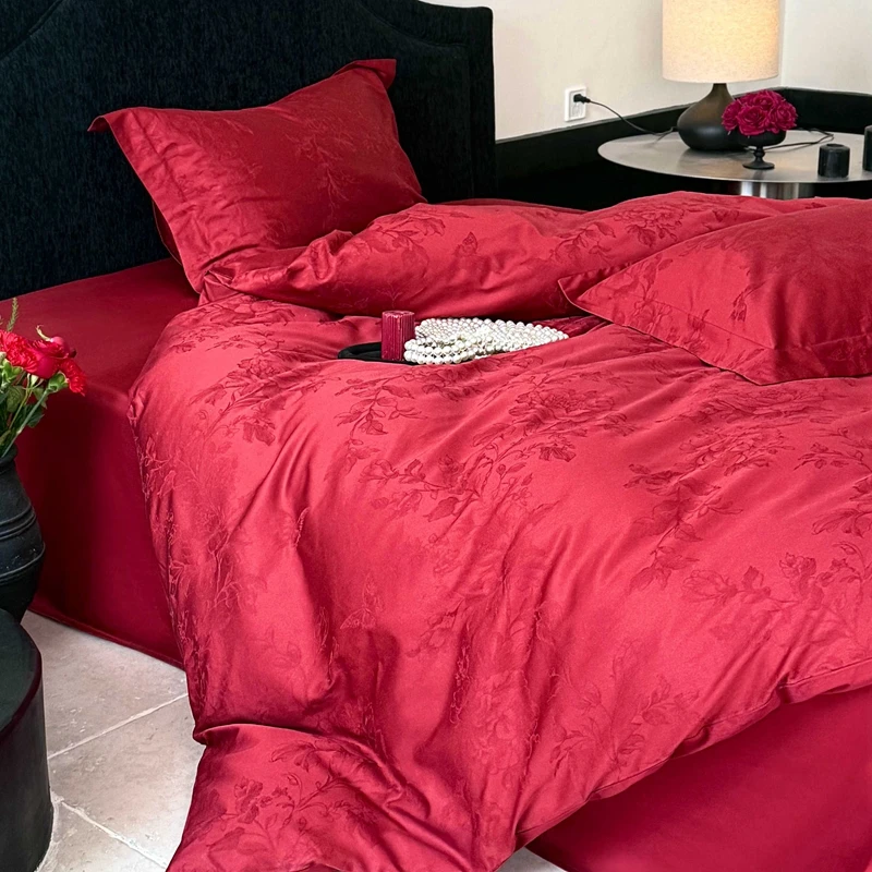 轻奢婚庆~结婚大红色全棉四件套100S高支纯棉床单床笠提花高级感