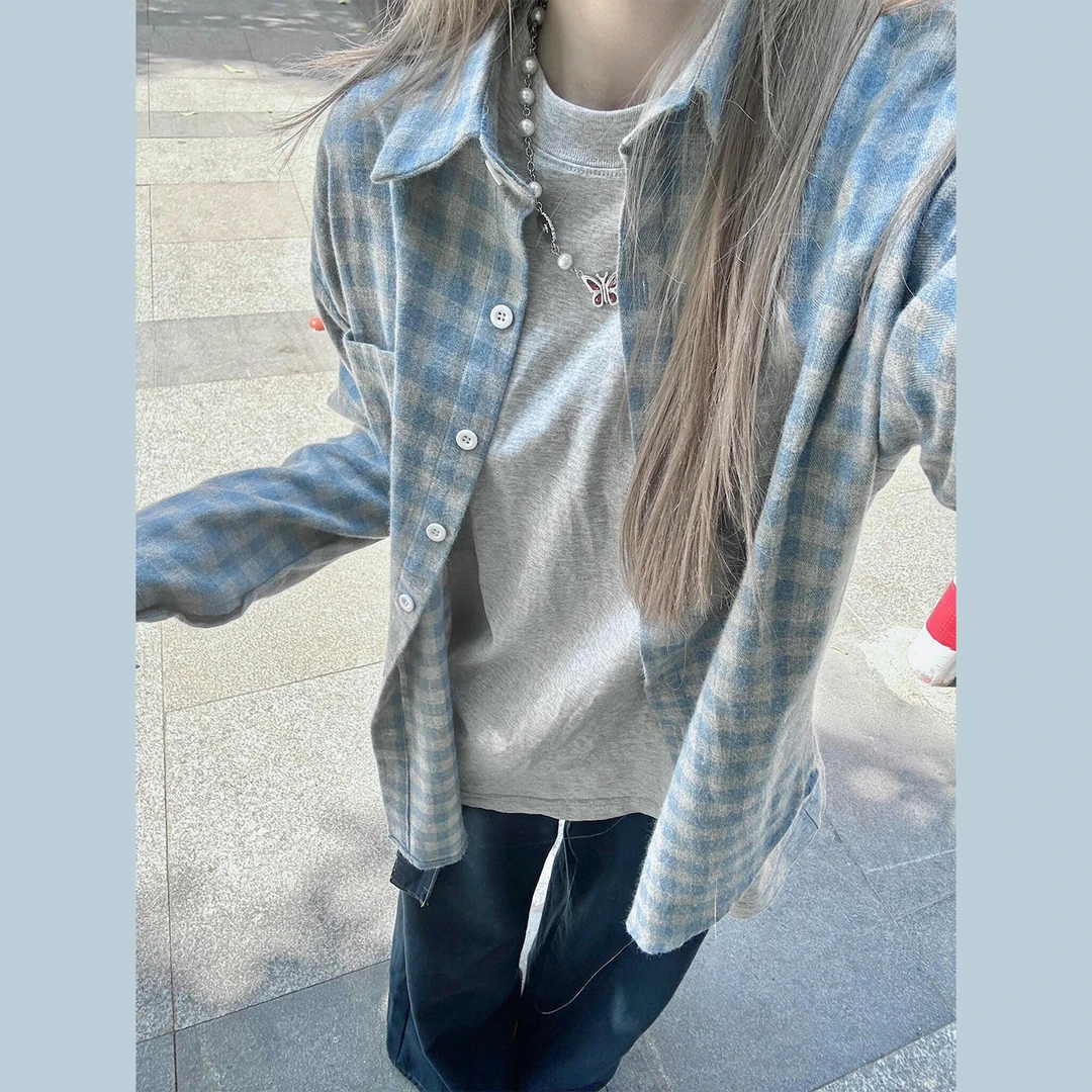 韩系小个子蓝色格子衬衫女外套早秋2025新款百搭休闲宽松漂亮上衣