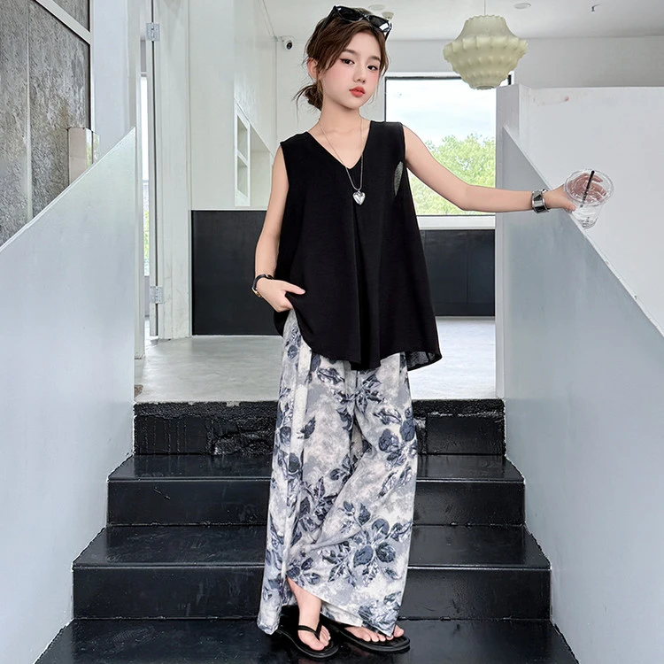 女童夏季套装2025新款6-12岁15儿童洋气时尚无袖中大童时髦阔腿潮